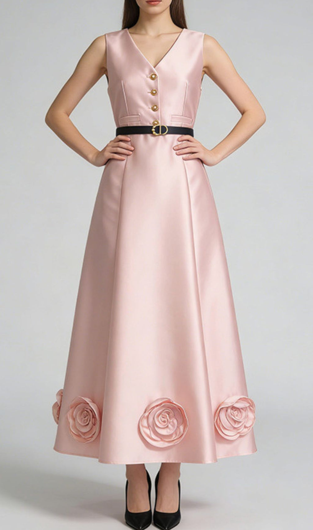Jalisa Elegant Blush Pink Sleeveless Midi Dress with 3D Rose Hem