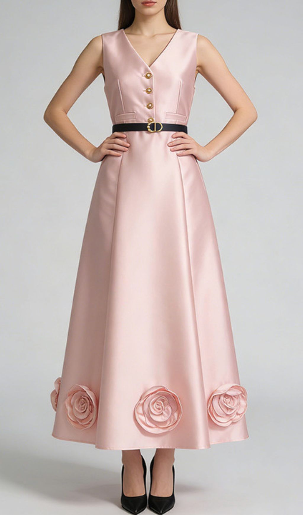 Jalisa Elegant Blush Pink Sleeveless Midi Dress with 3D Rose Hem