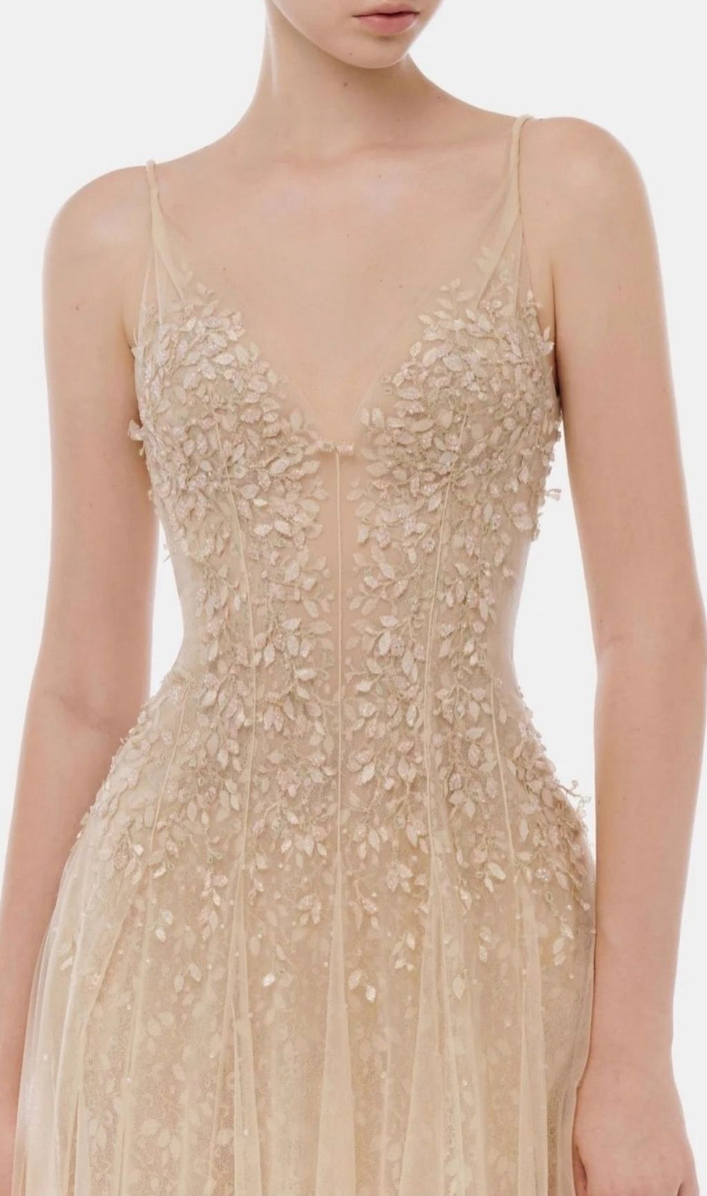 Kimaya Embellished V-Neck Mesh Maxi Dress - Red Carpet Ready Gown