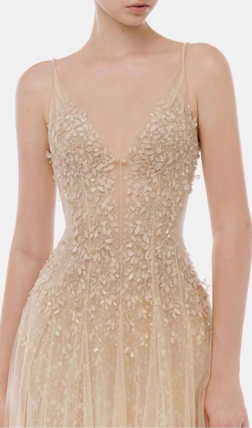 Kimaya Embellished V-Neck Mesh Maxi Dress - Red Carpet Ready Gown