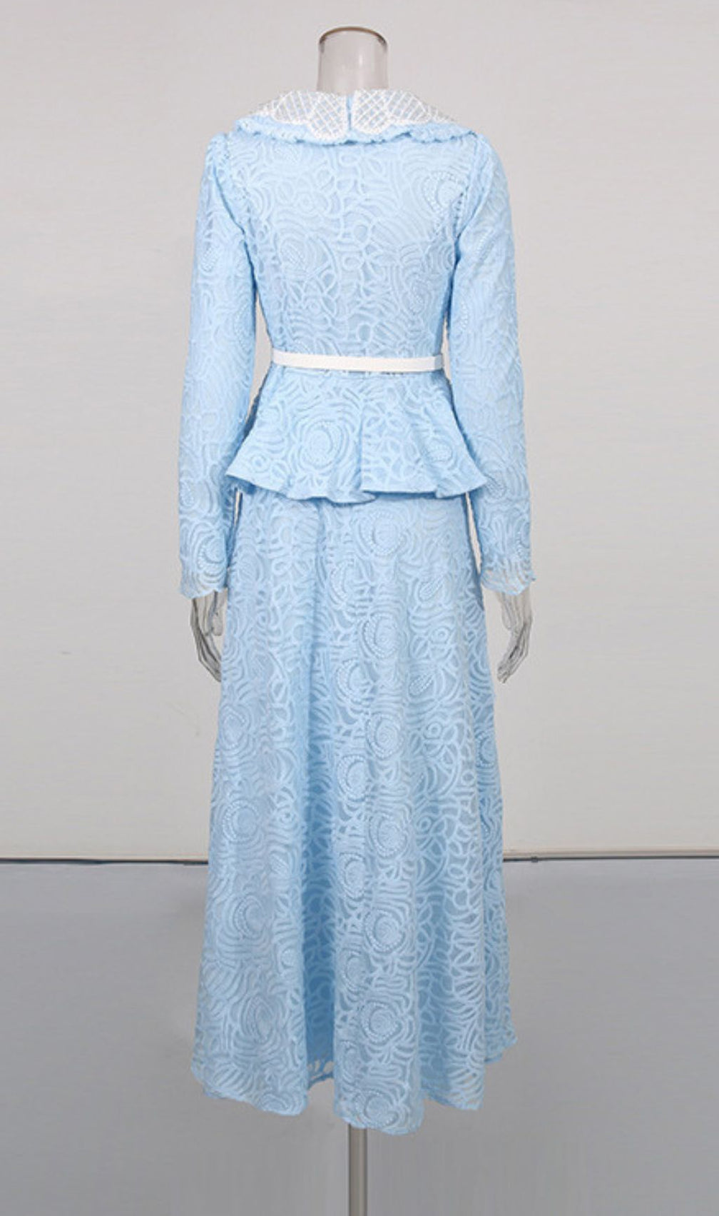 Ilona Blue Elegant Floral Lace Peplum Two-Piece Skirt Set