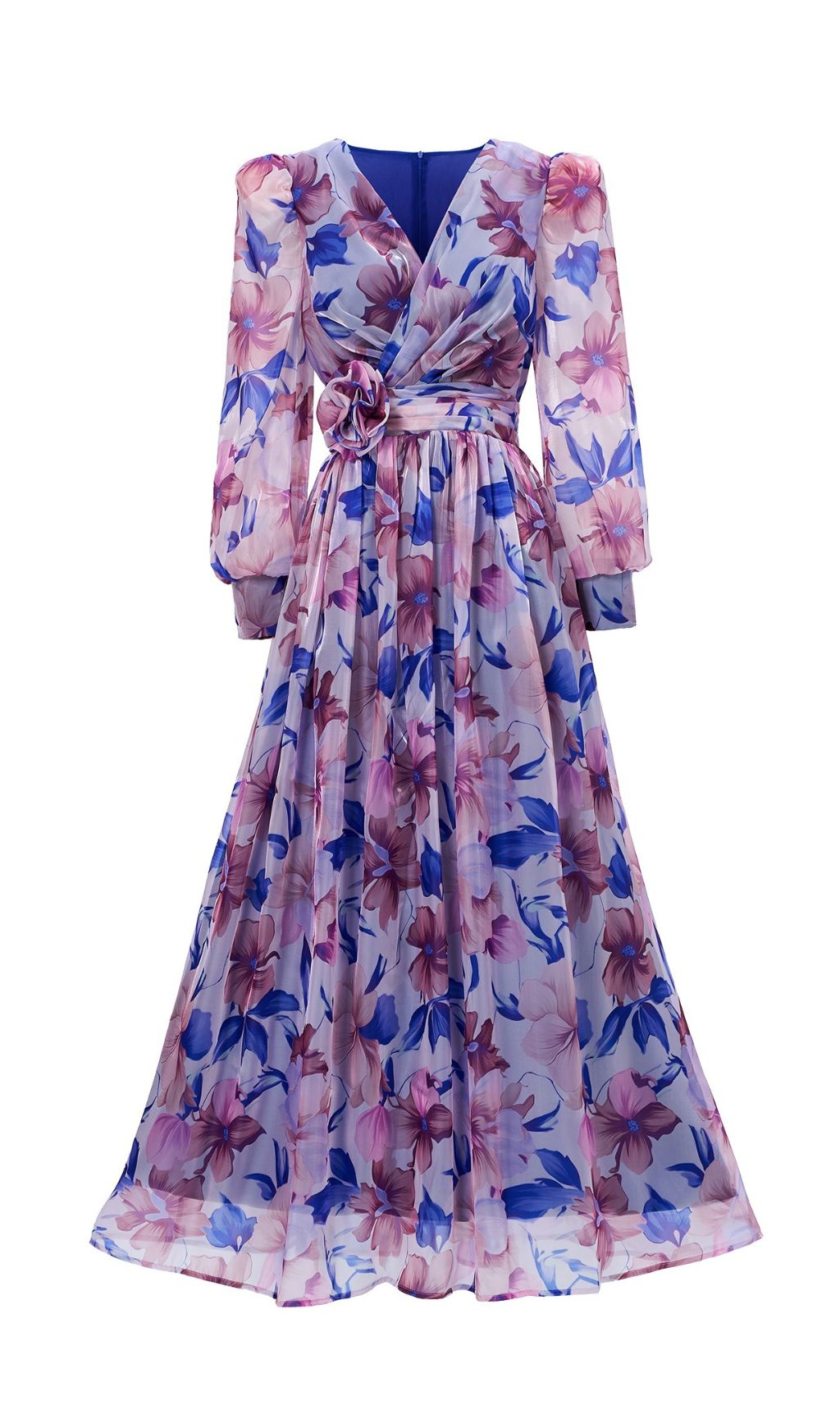 Ferial Blue Floral Printed Long Sleeve Maxi Dress