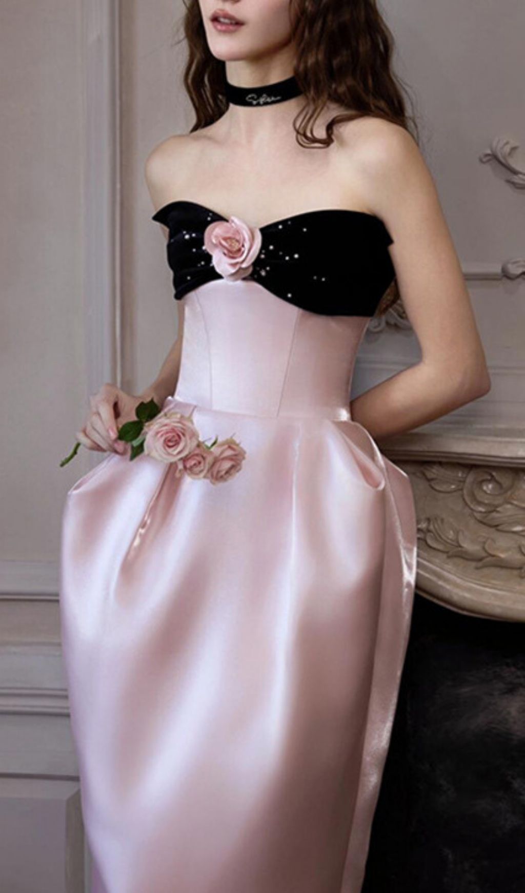 Karley Elegance: Blush Pink Strapless Maxi Gown with Black Bodice & 3D Rose