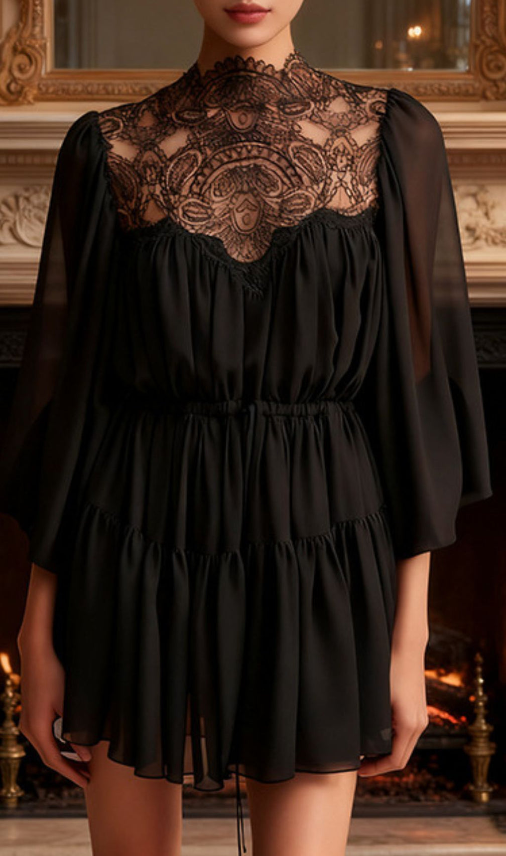 Ilan Allure Black Lace Mock Neck Mini Dress - Elegant Long Sleeve Style