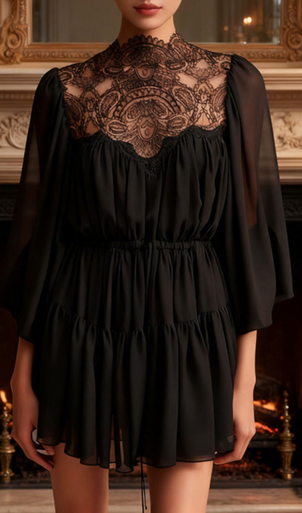 Ilan Allure Black Lace Mock Neck Mini Dress - Elegant Long Sleeve Style