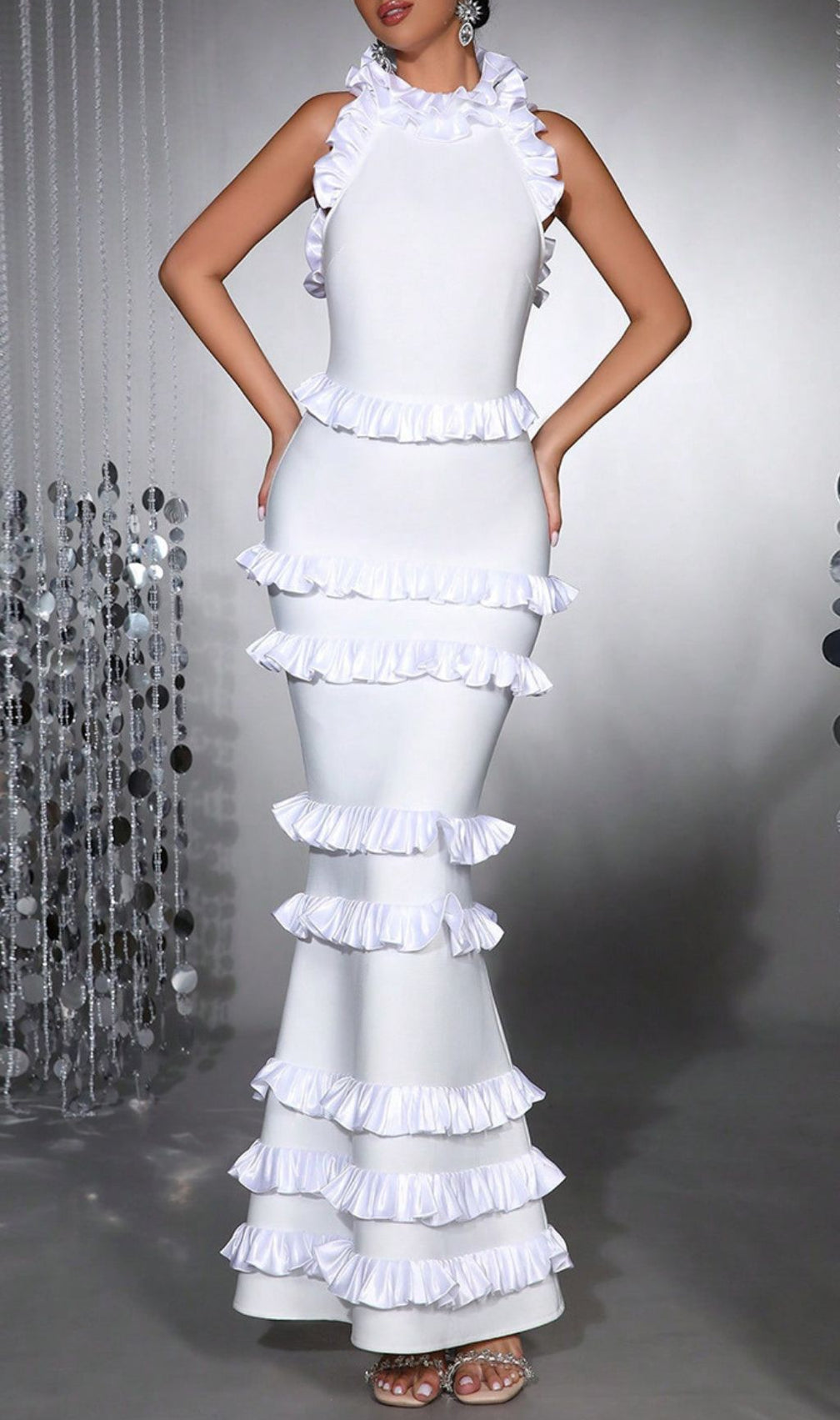Haina White Halter Ruffle Bandage Maxi Dress | Elegant Tiered Gown for Special Occasions