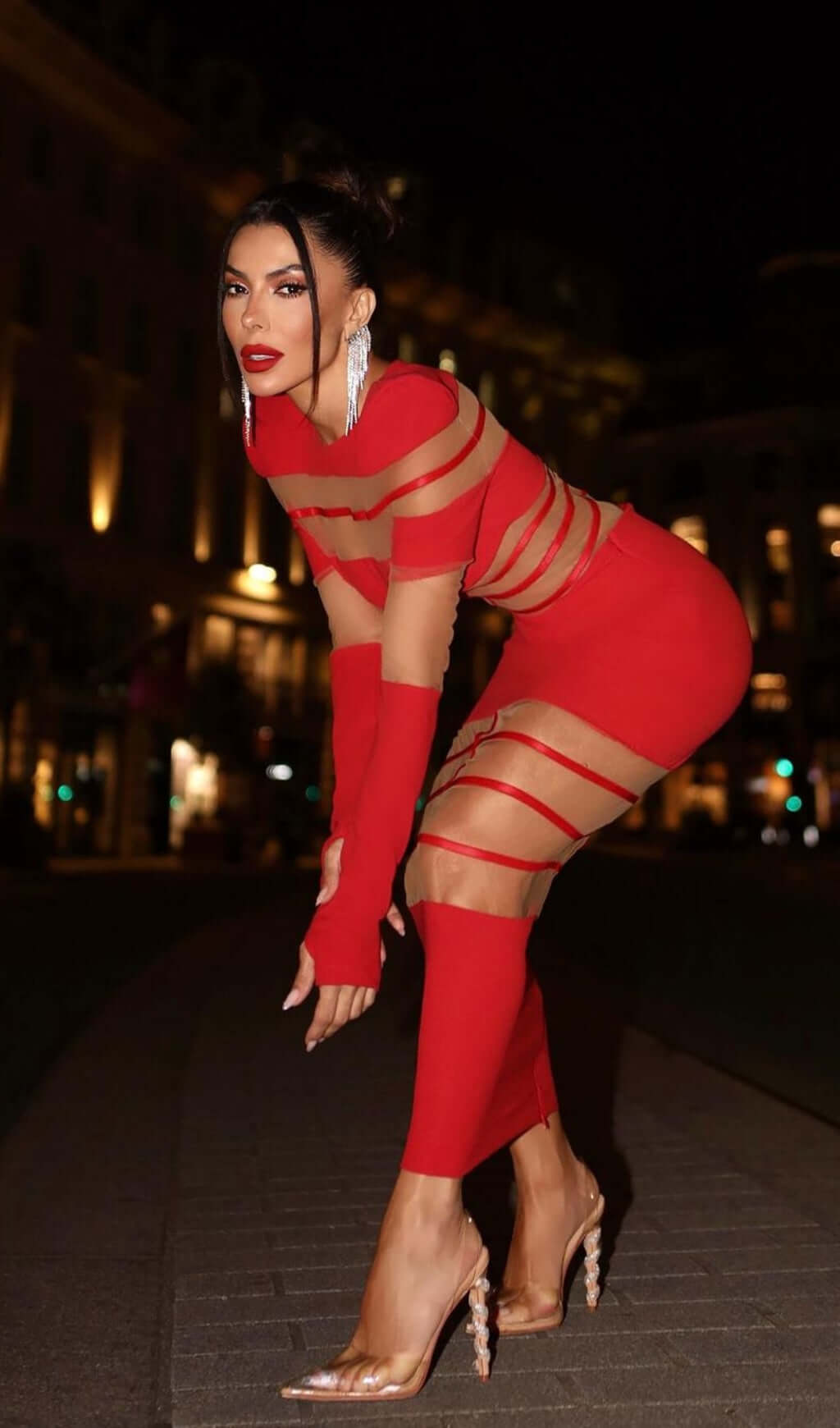 Banan Long Sleeve Mesh Bodycon Midi Dress