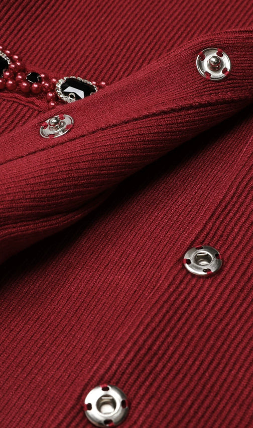 Elegant Wine Red Embellished Knit Cardigan & Midi Skirt Set