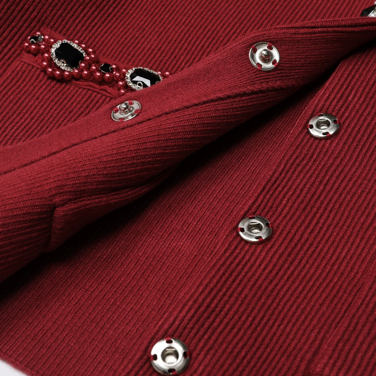 Elegant Wine Red Embellished Knit Cardigan & Midi Skirt Set