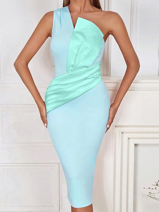 ONE SHOULDER SLIT MIDI DRESS IN blue