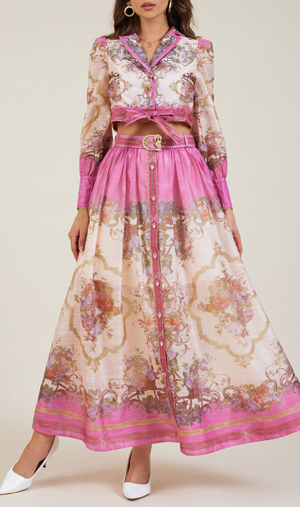 Gretchen Pink Flower Printed Long Sleeve Blouse & Skirt Set