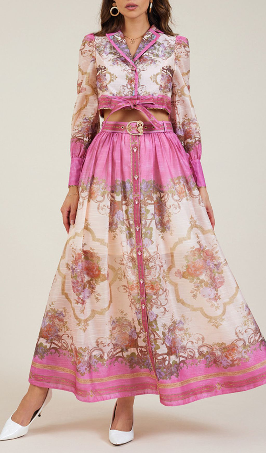 Gretchen Pink Flower Printed Long Sleeve Blouse & Skirt Set