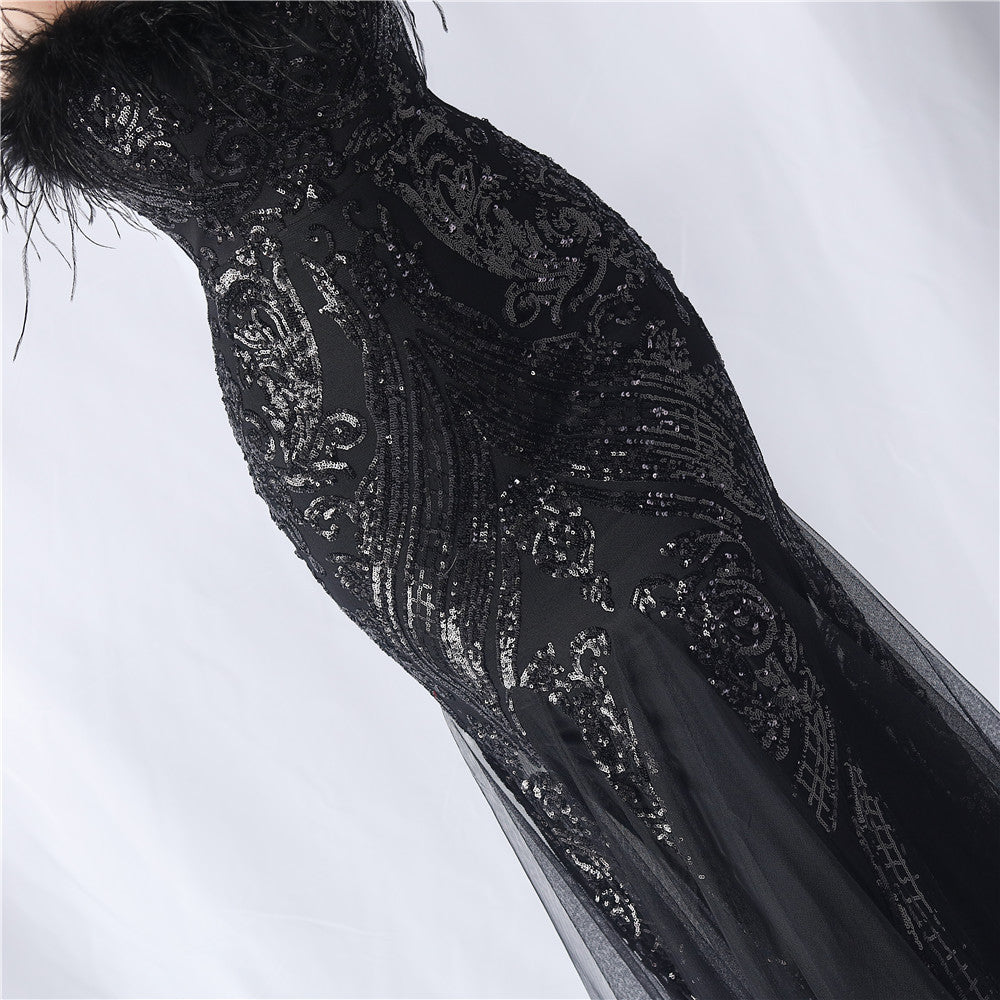 Choire Black Sequin Feather Maxi Dress