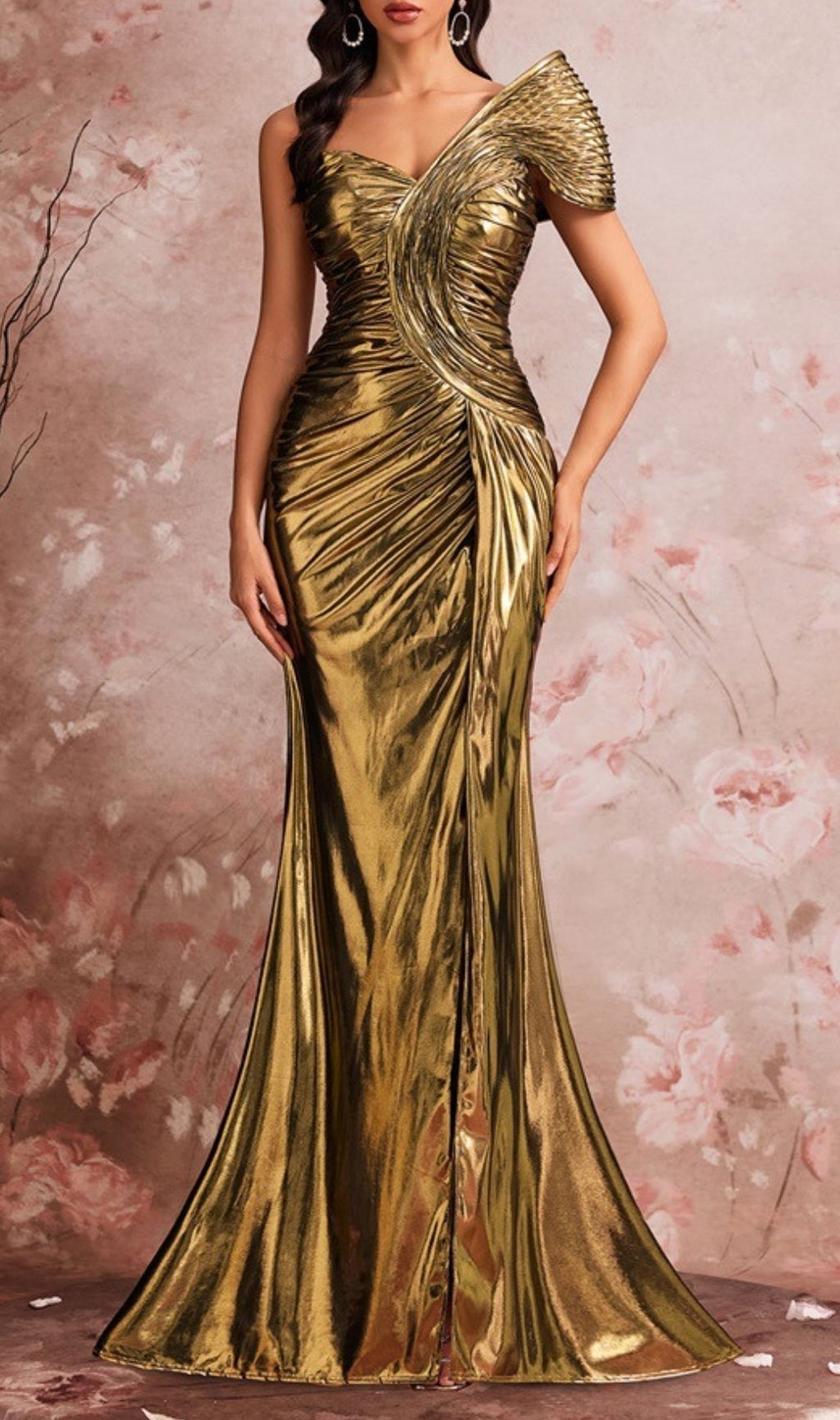Ceinwen Liquid Gold One-Shoulder Ruched Metallic Maxi Dress