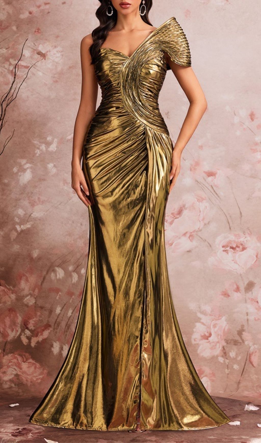 Ceinwen Liquid Gold One-Shoulder Ruched Metallic Maxi Dress