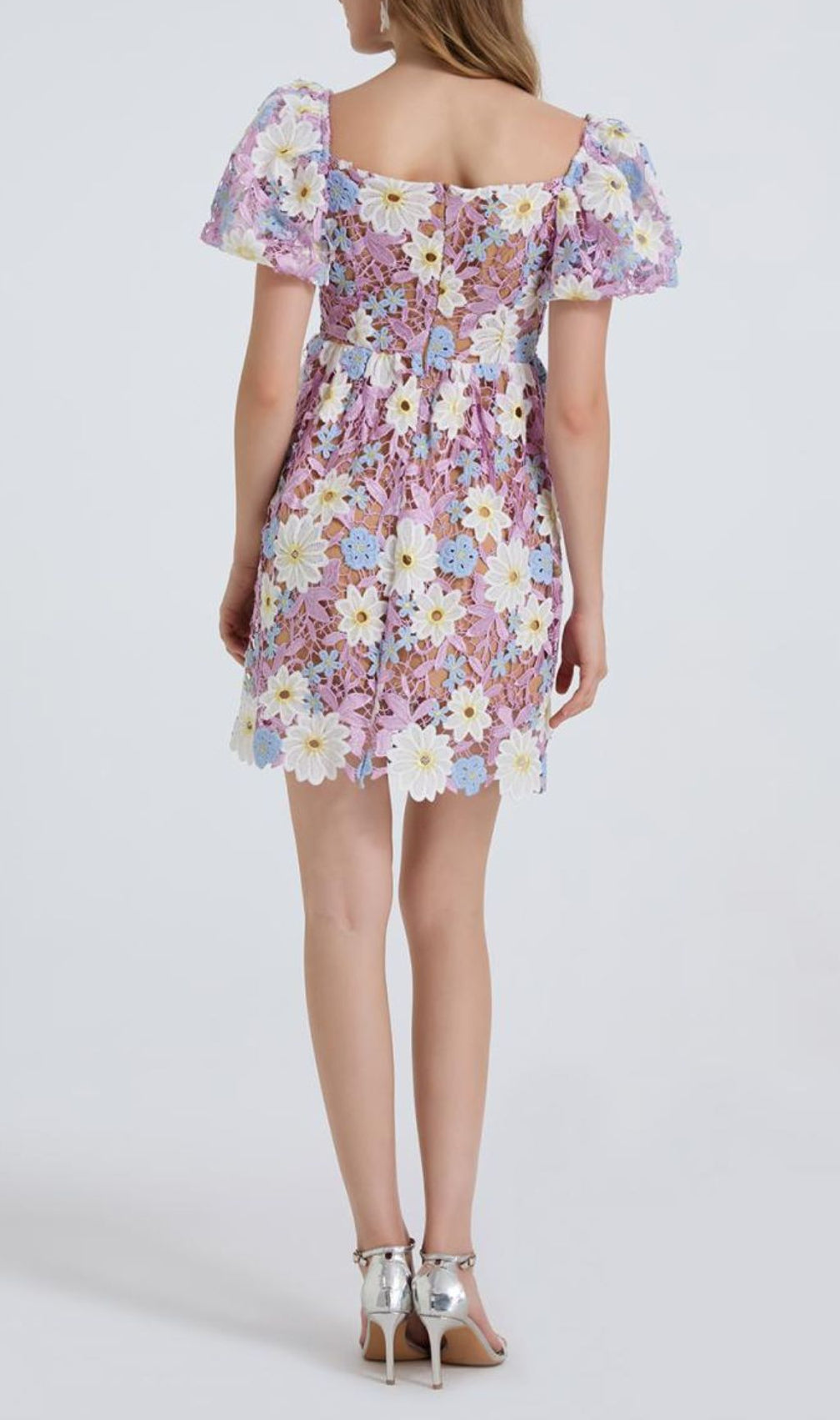 Fiducia Purple Flower Embroidery Puff Sleeve Mini Dress