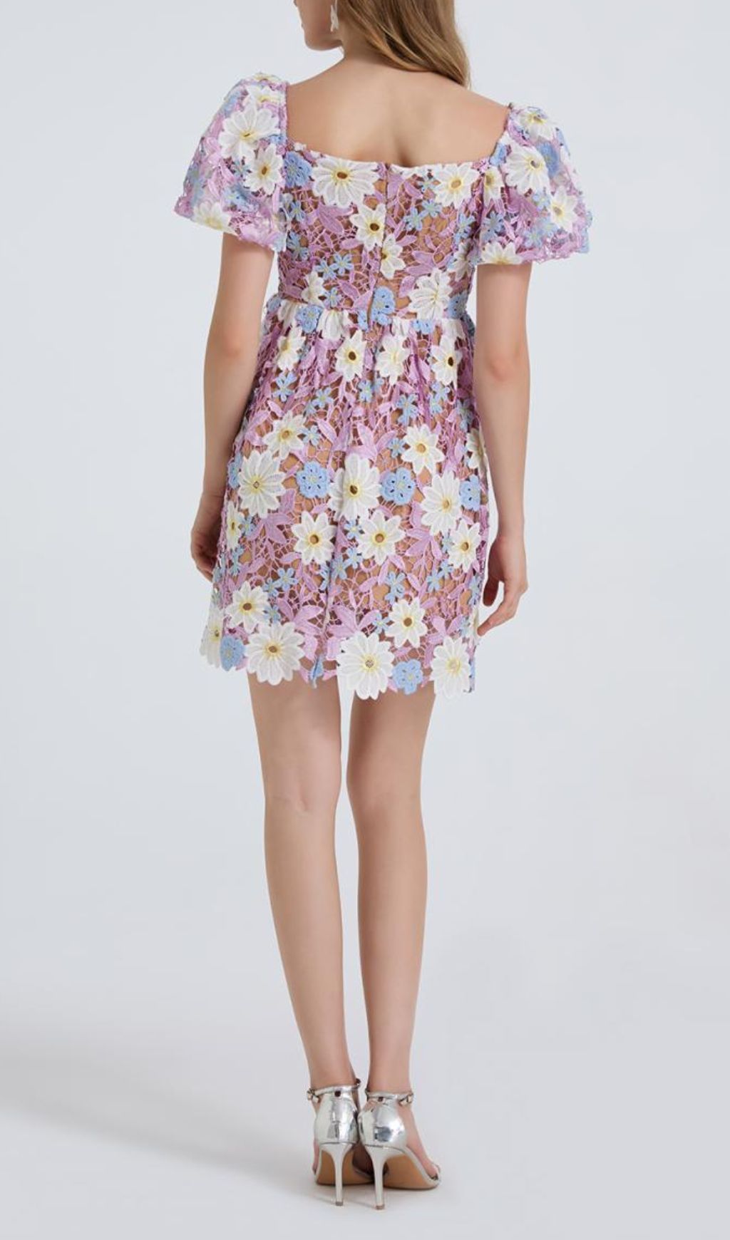 Fiducia Purple Flower Embroidery Puff Sleeve Mini Dress