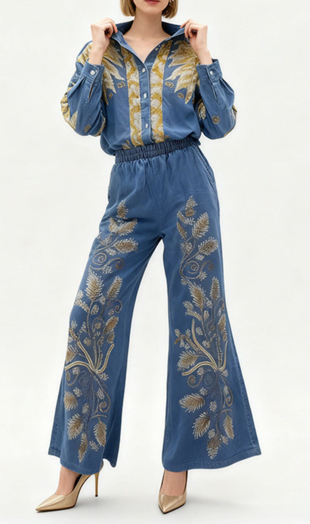 Jaclyn Embroidered Denim Two-Piece Set | Boho Wide-Leg Pants & Top