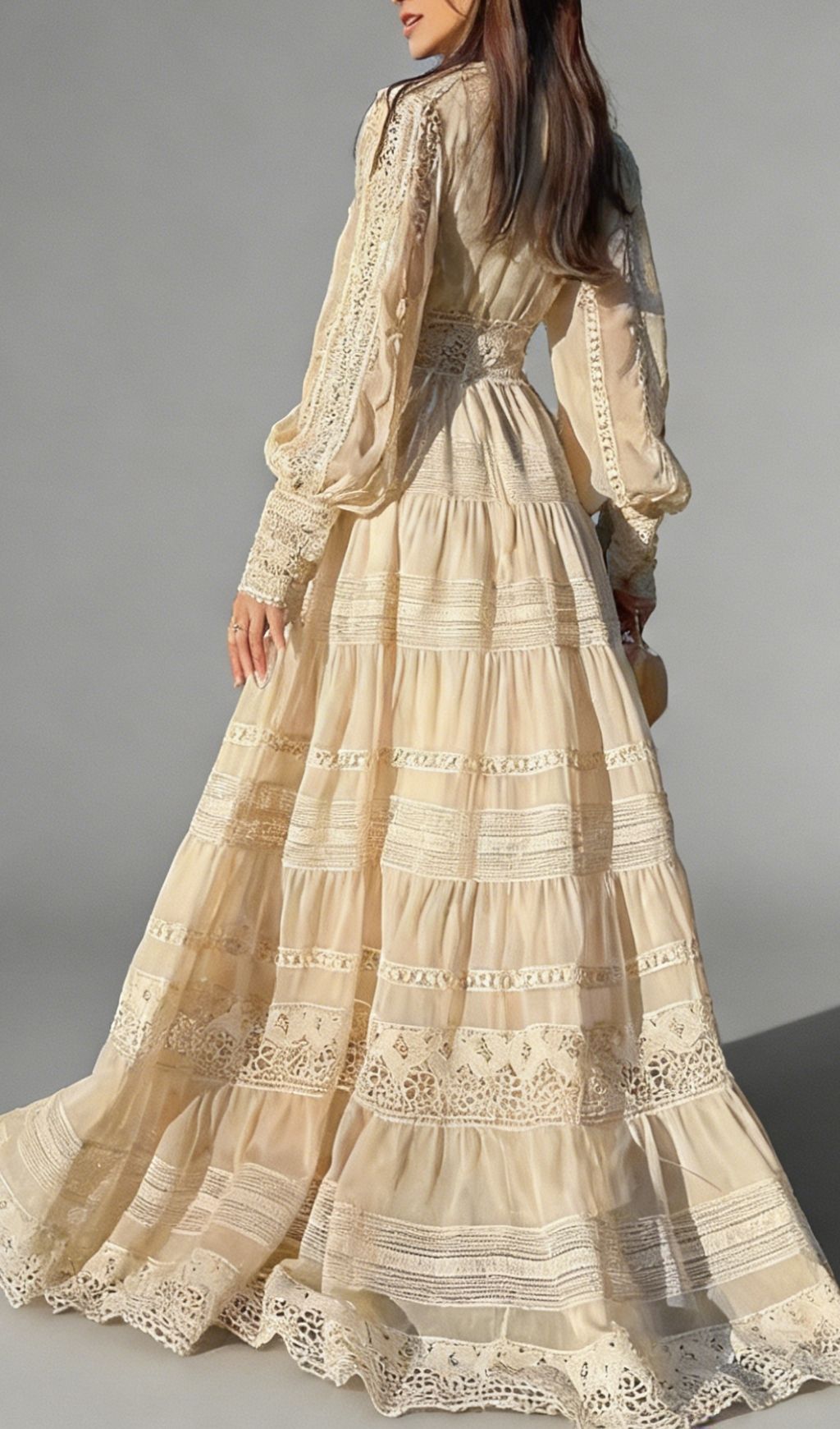 Kamara Romantic Apricot Tiered Lace Maxi Dress - Elegant Long Sleeve Boho Gown