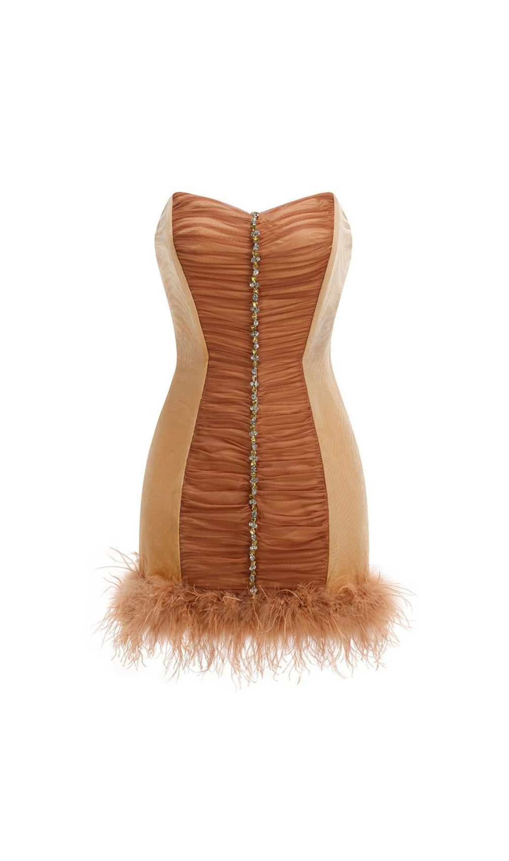 Kazuhito Glamour: Strapless Velvet Feather Mini Dress with Dazzling Diamante & Ruched Detail