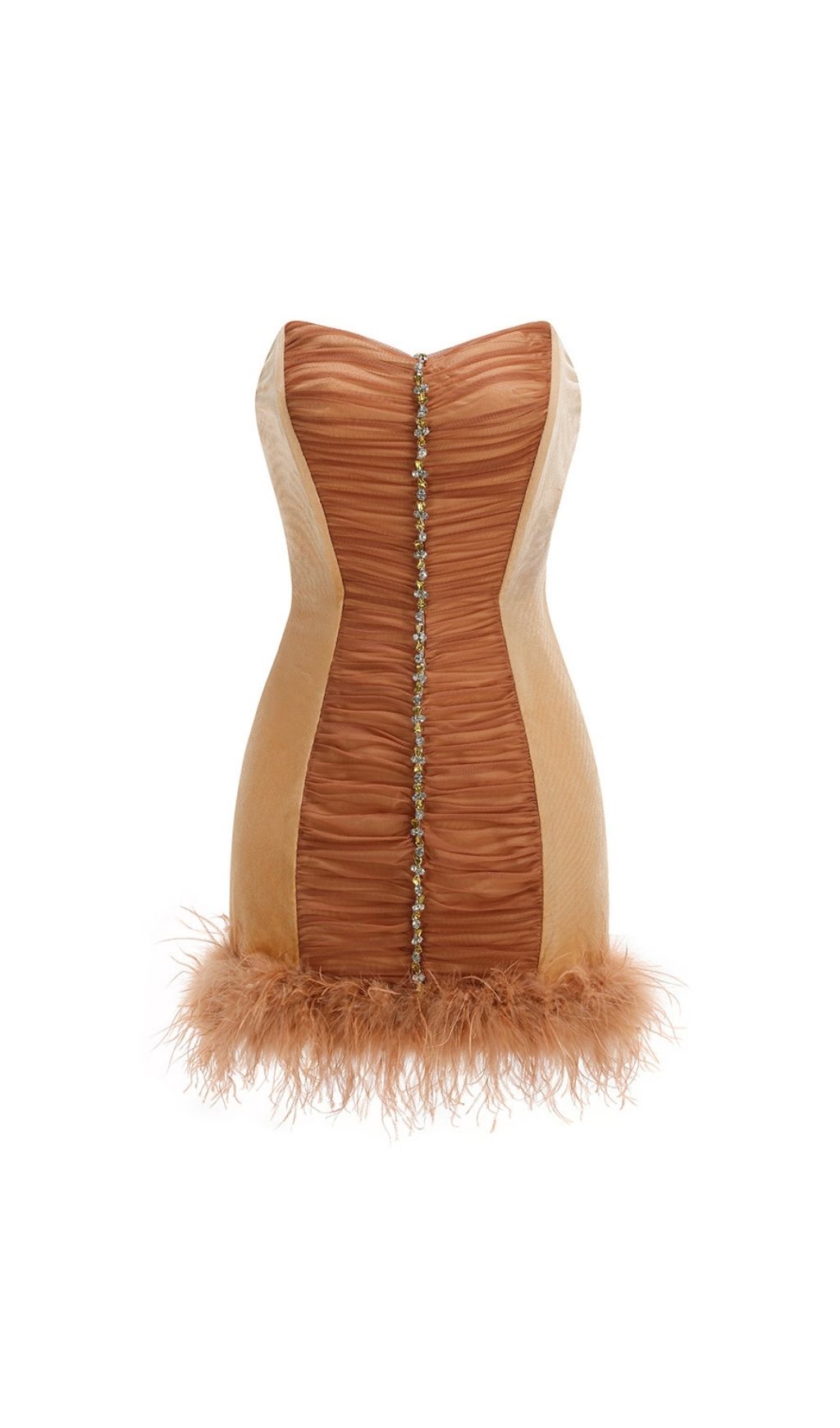 Kazuhito Glamour: Strapless Velvet Feather Mini Dress with Dazzling Diamante & Ruched Detail