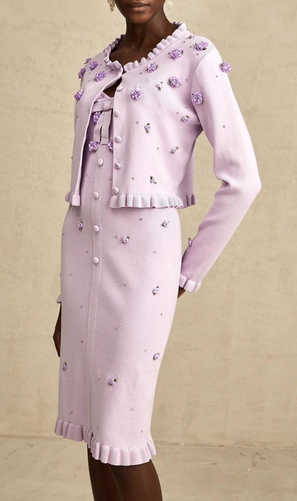 Romantic Lilac Floral Appliqué Knit Cardigan & Midi Dress Set