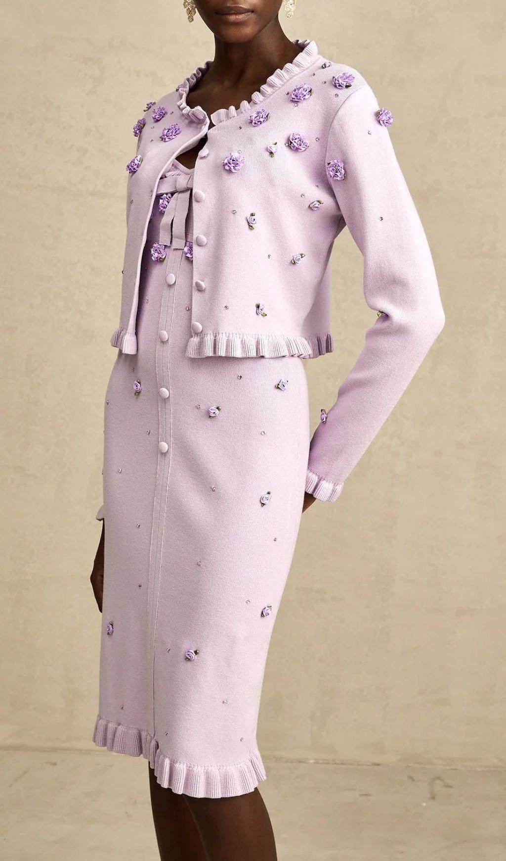 Romantic Lilac Floral Appliqué Knit Cardigan & Midi Dress Set