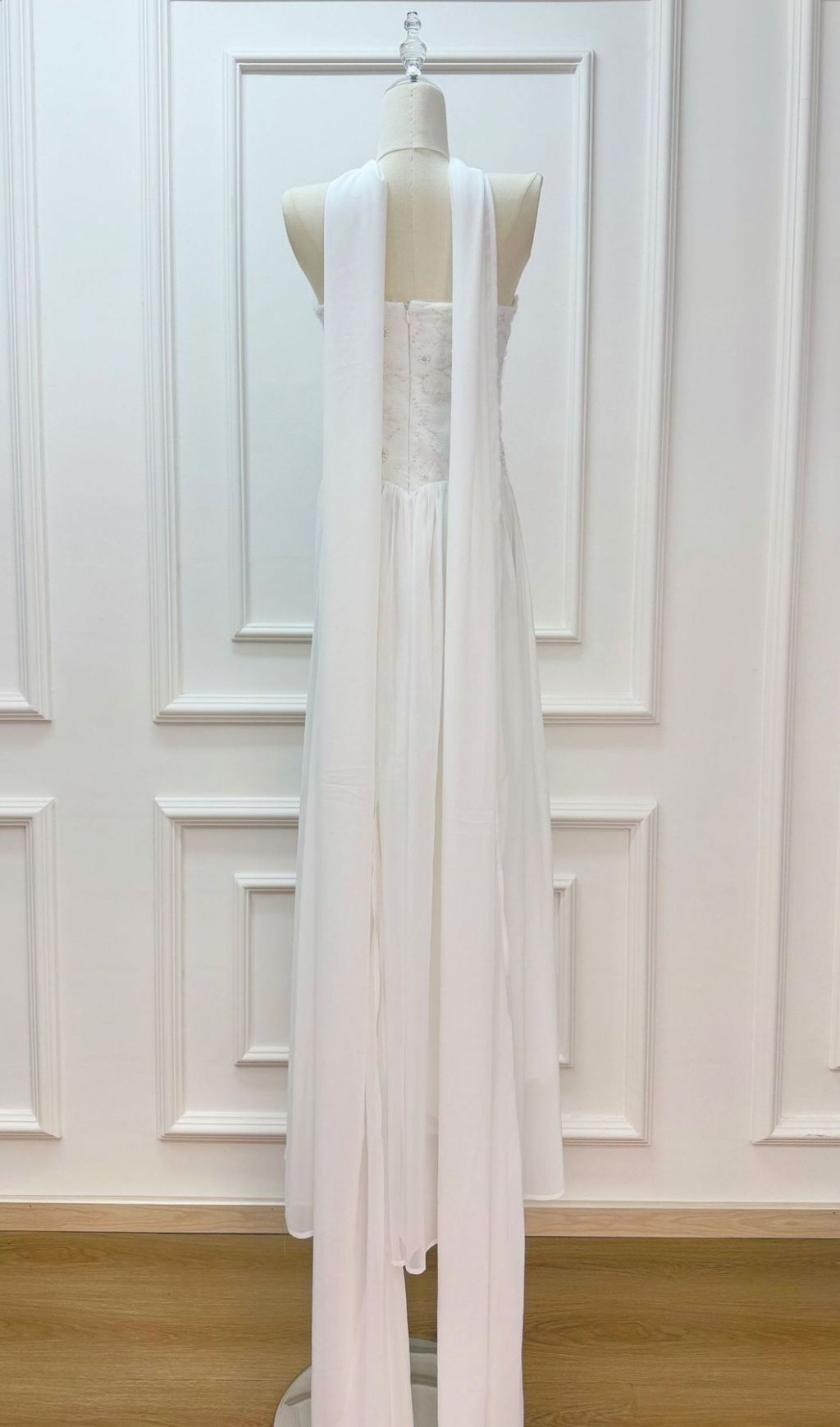 Kenley Ethereal White Floral Appliqué Strapless Maxi Gown with Flowing Cape