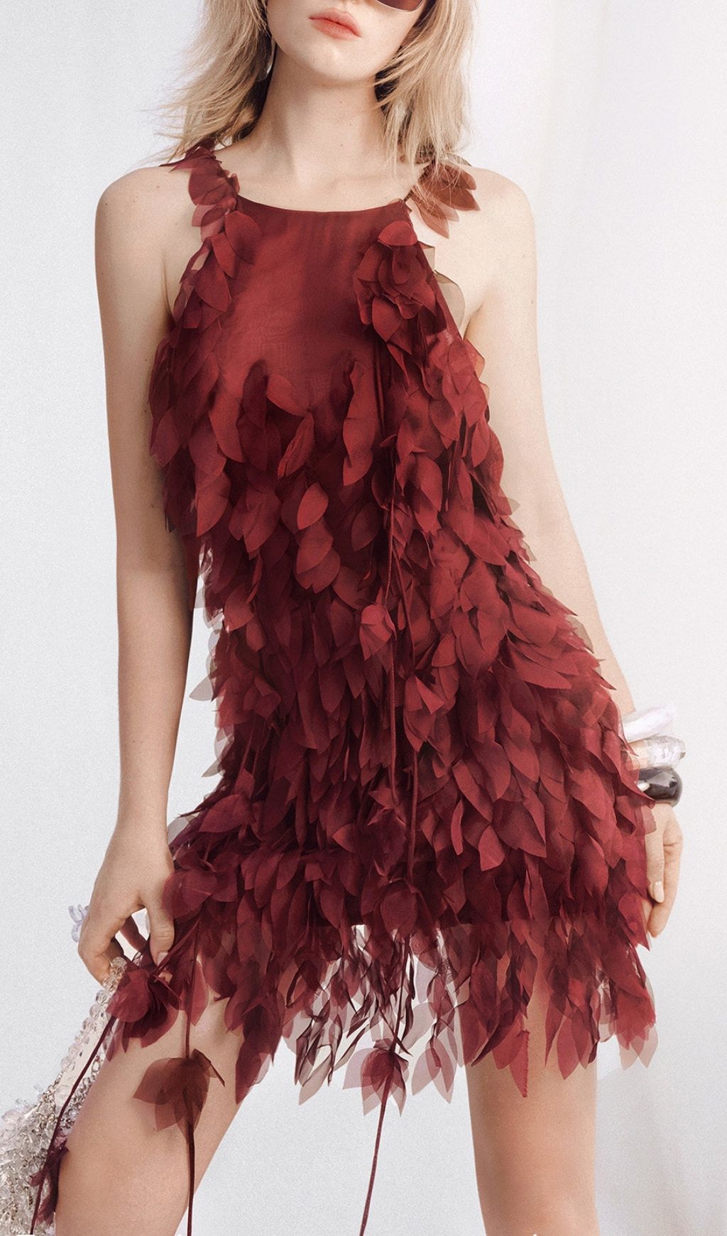 Korie Leaf Embellished Mesh Mini Dress