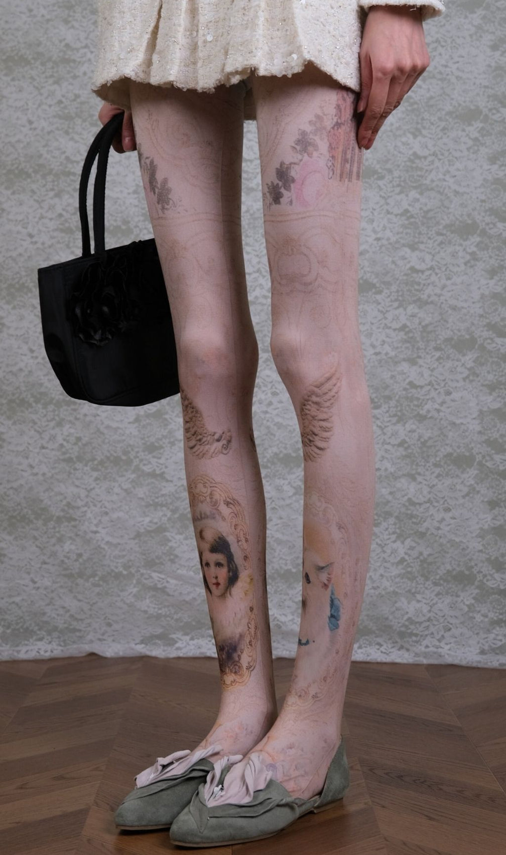 Whimsical Renaissance Portrait Tights | Angel & Cat Art Print Hosiery