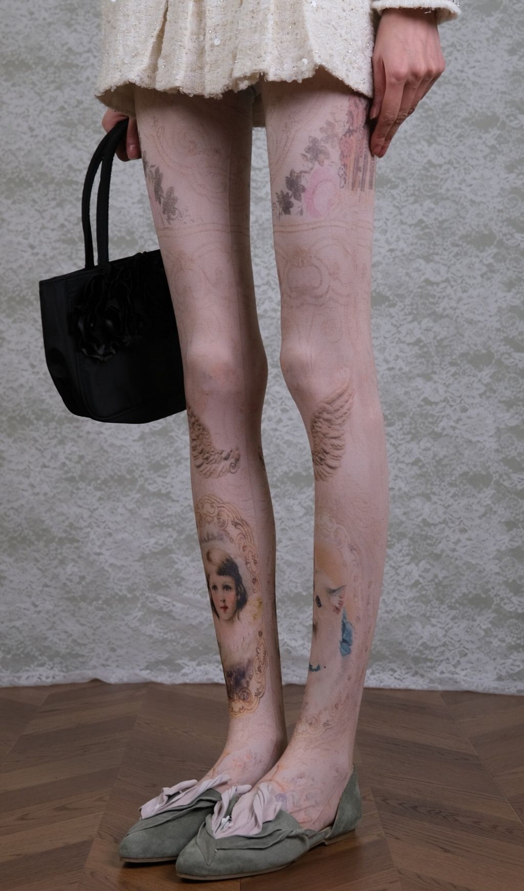 Whimsical Renaissance Portrait Tights | Angel & Cat Art Print Hosiery