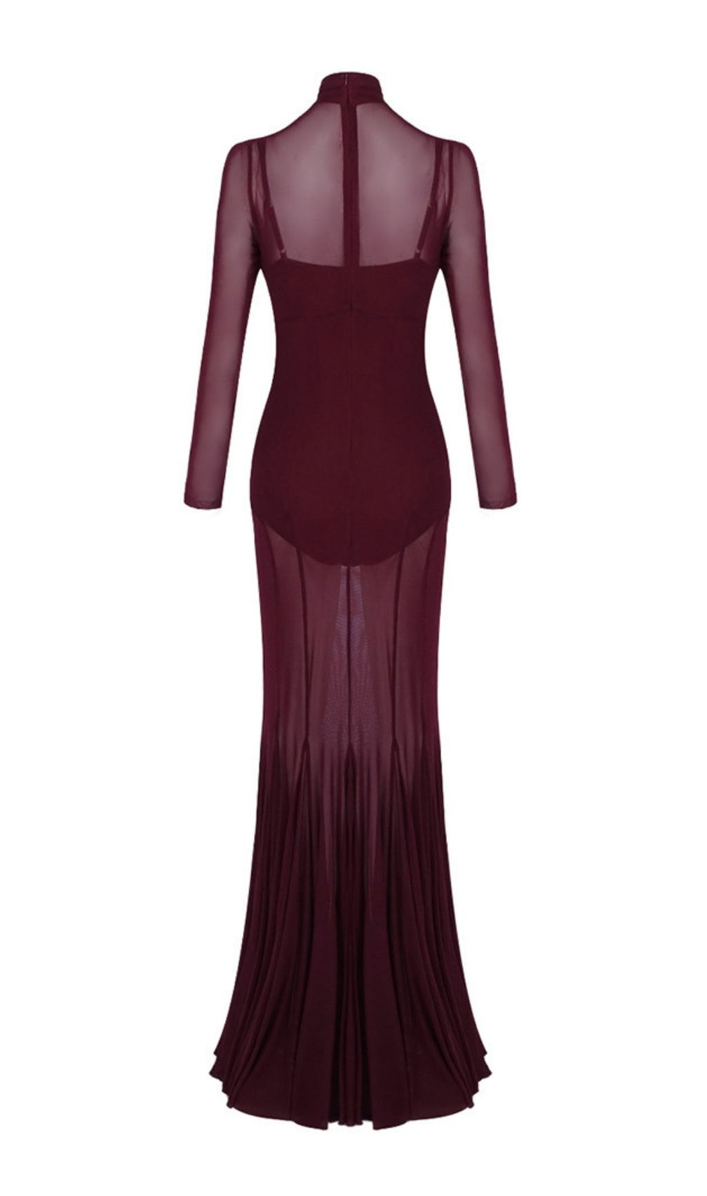 Kassie Allure Wine Sheer Mesh Long Sleeve Maxi Gown