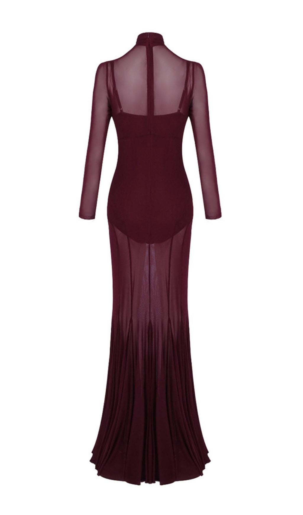 Kassie Allure Wine Sheer Mesh Long Sleeve Maxi Gown