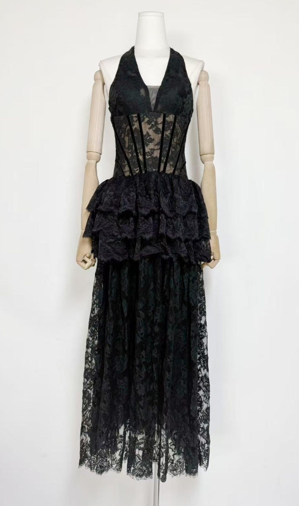 Kaylie Romantic Halter Lace Maxi Dress | Ethereal Tiered Gown with Corset Bodice