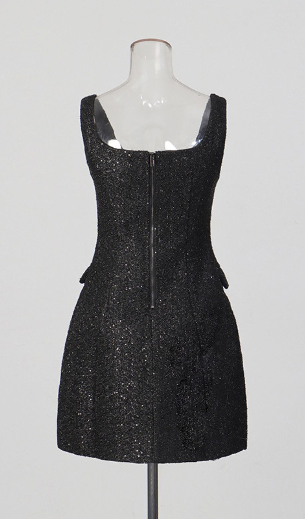 Kae Chic Black Textured Mini Dress with Pearl Buttons