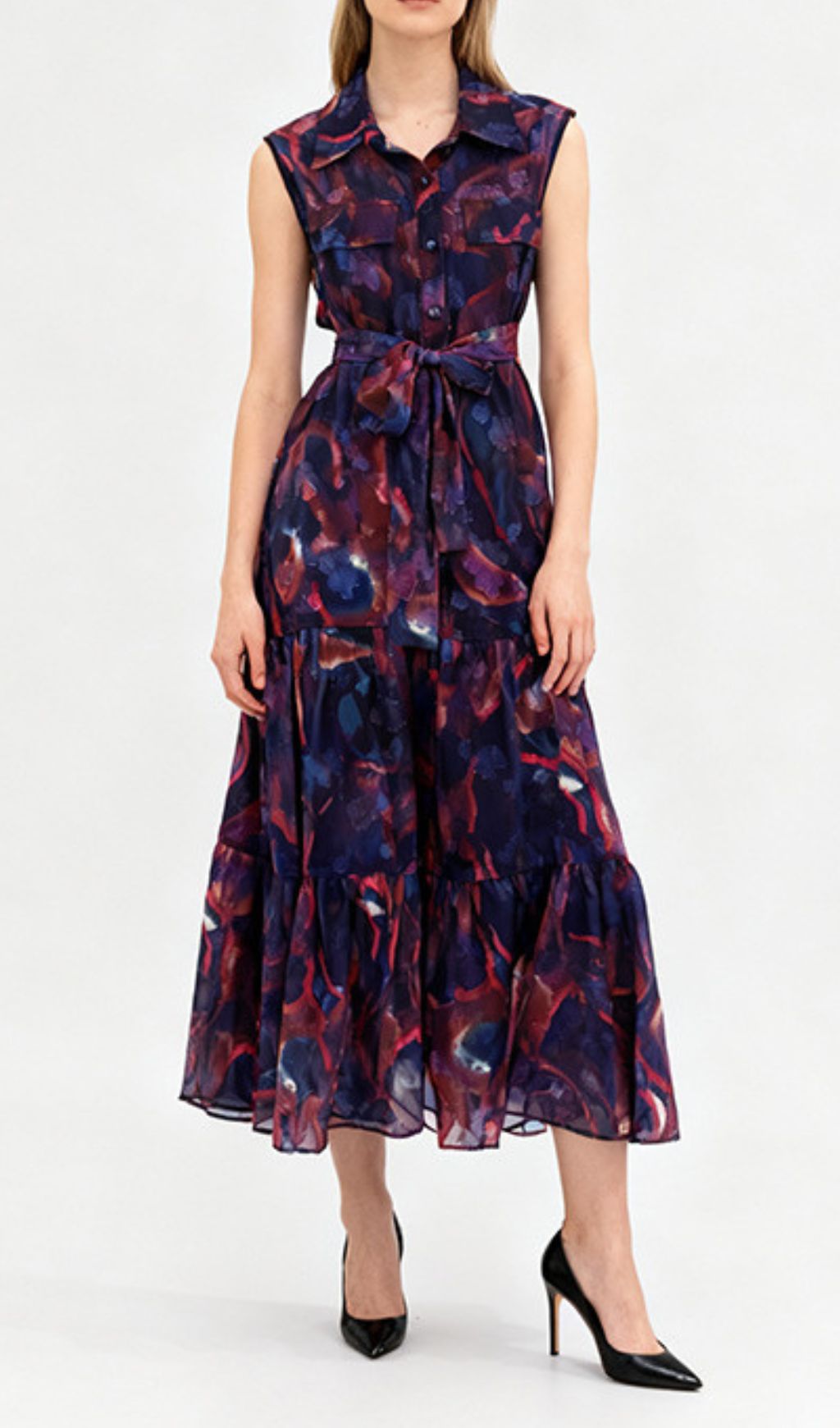 Jaap Vibrant Green Abstract Print Sleeveless Midi Dress - Effortless Shirtdress Style