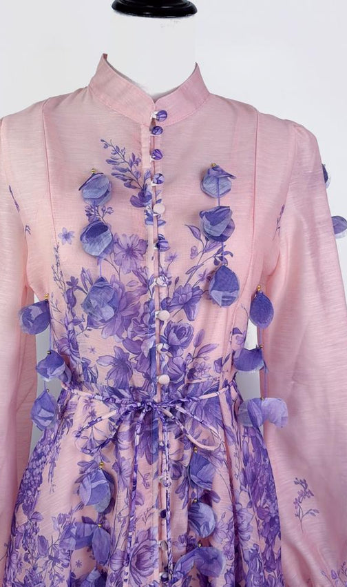 Karsyn Enchanted Garden Pink & Purple Floral Maxi Dress | 3D Petal Long Sleeve