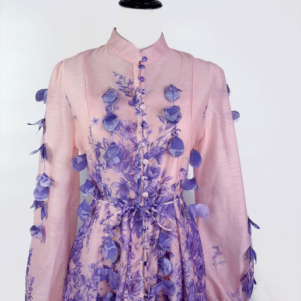 Karsyn Enchanted Garden Pink & Purple Floral Maxi Dress | 3D Petal Long Sleeve