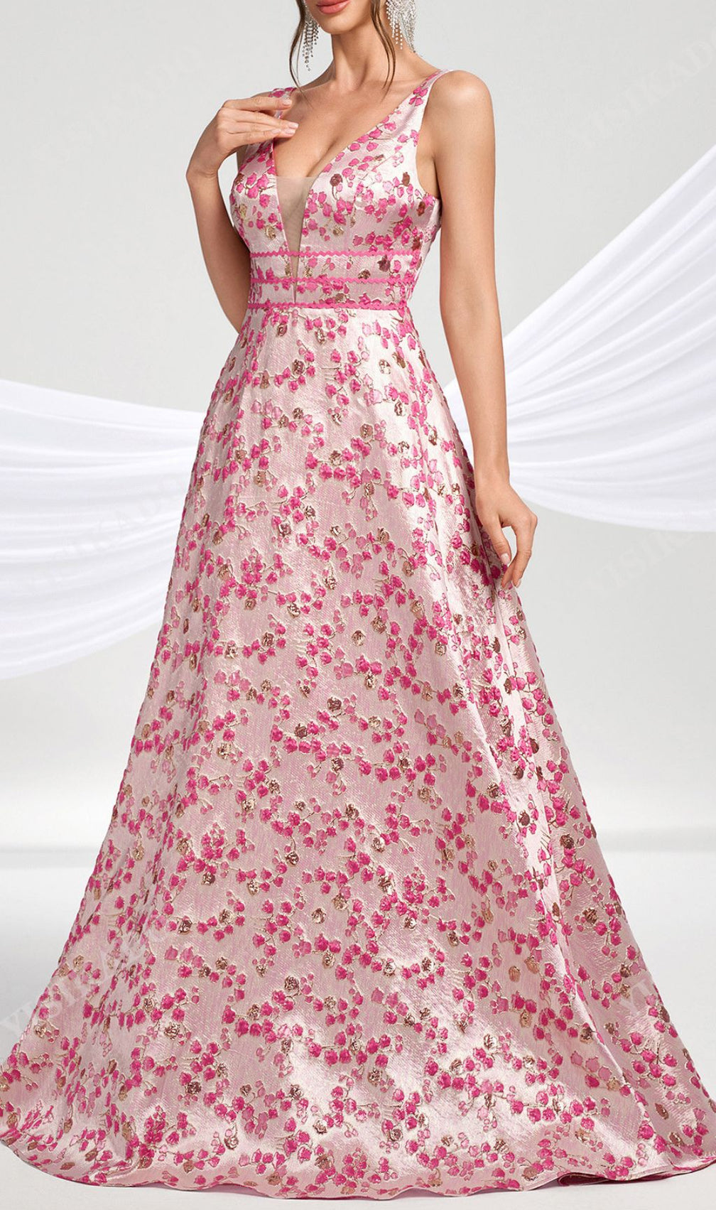Hamida Enchanting Pink Floral V-Neck Maxi Dress | Elegant Gown for Women