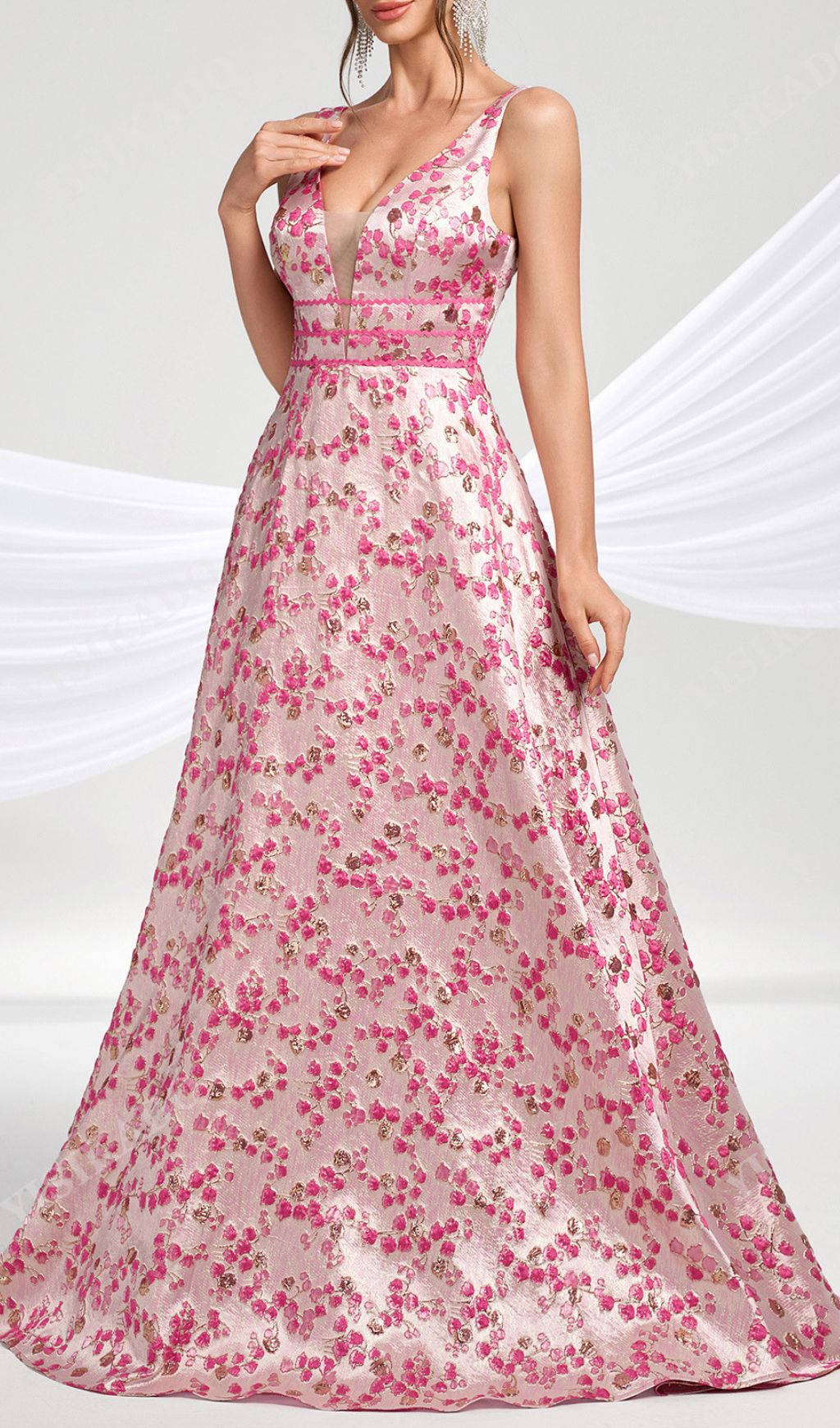 Hamida Enchanting Pink Floral V-Neck Maxi Dress | Elegant Gown for Women