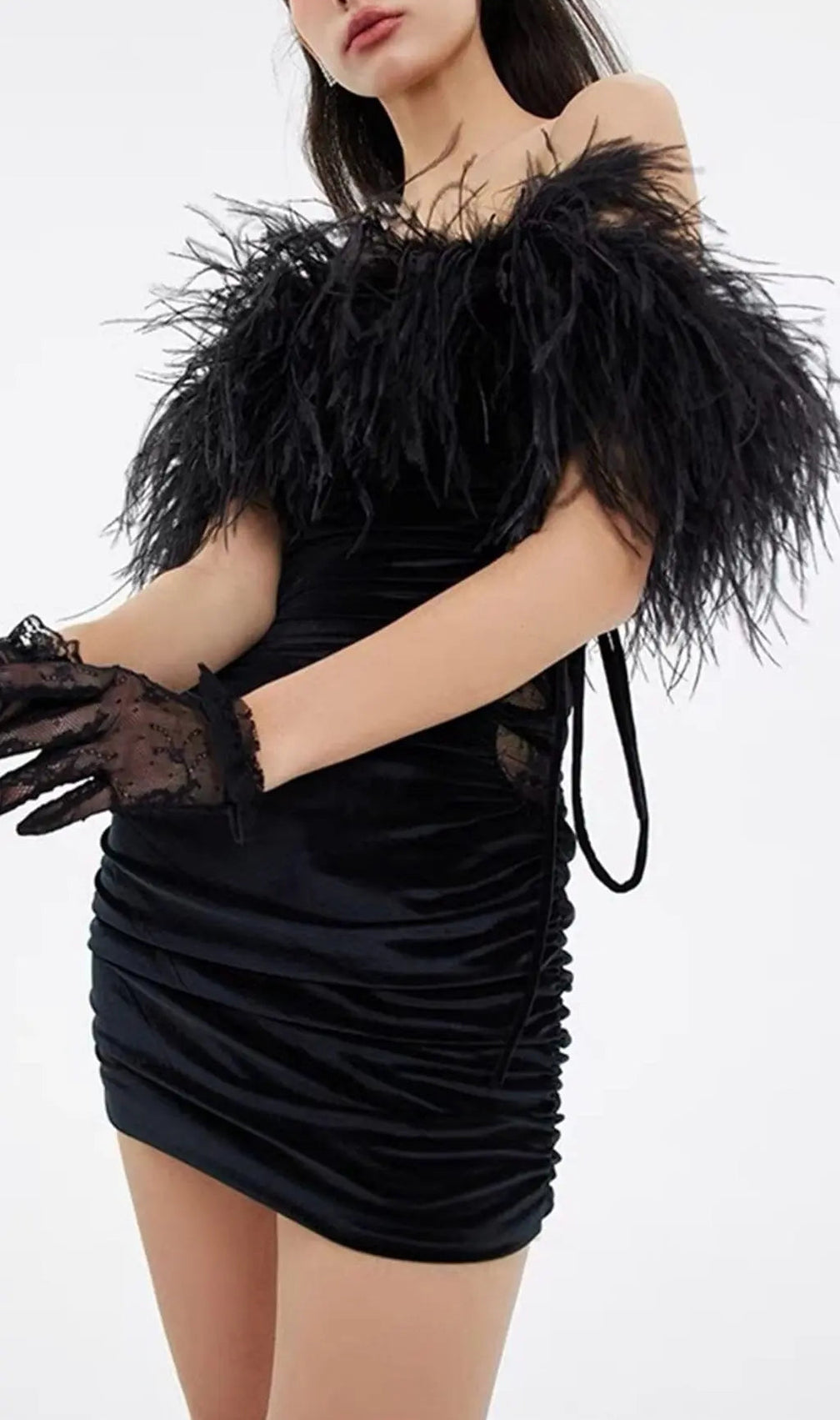 Velvet Off-Shoulder Feather Mini Dress In Black