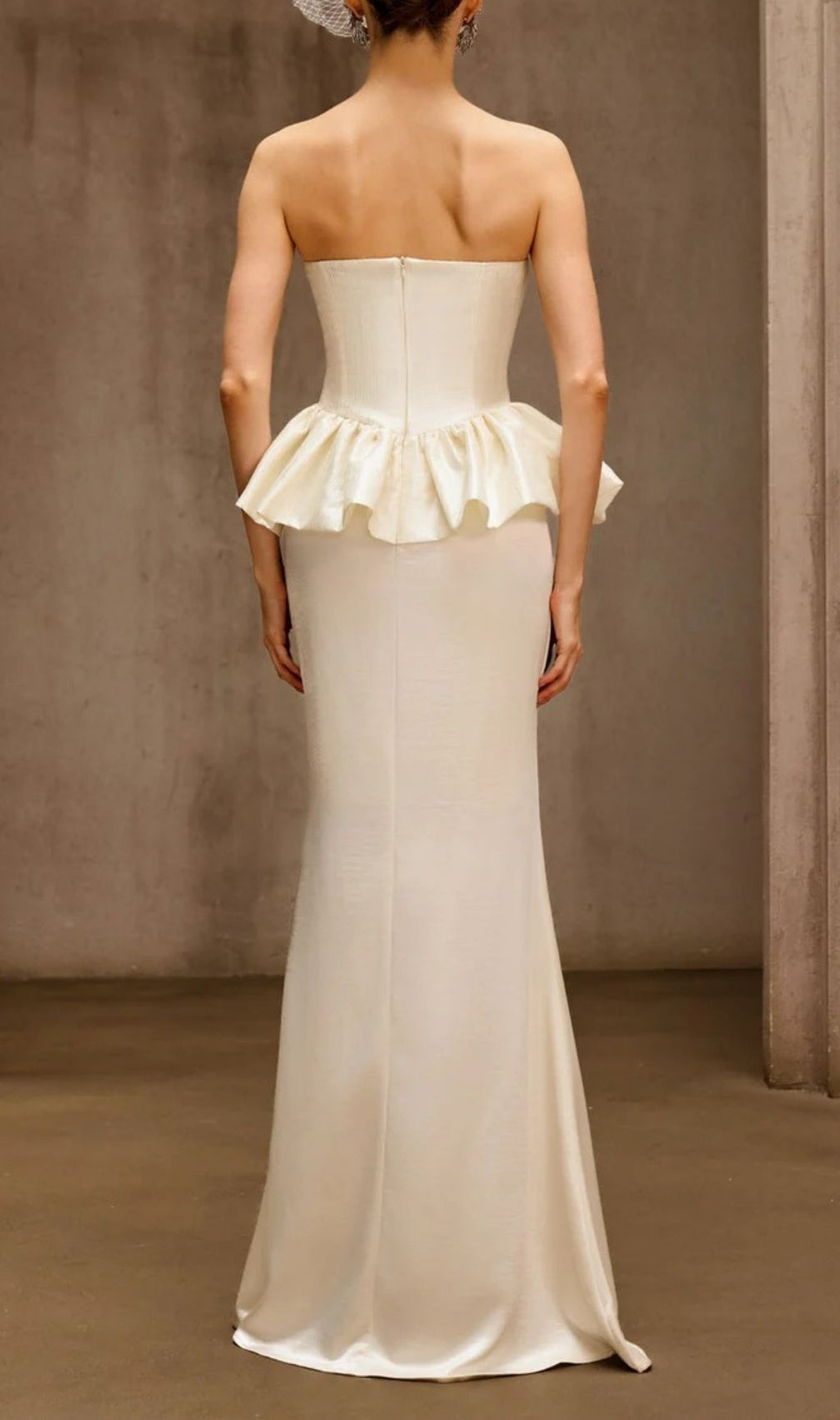 Dysis Luxe Strapless Pleated Peplum Maxi Gown | High-Impact Evening Dress