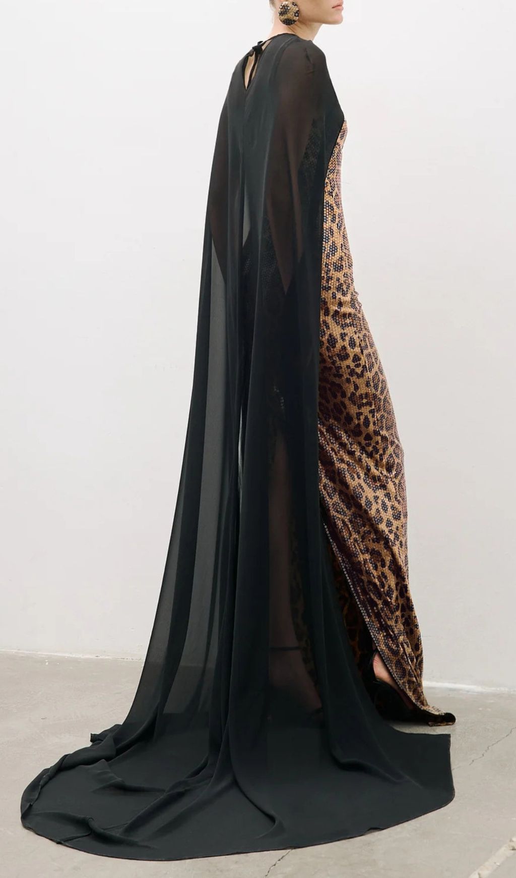 Jarrell Dazzling Leopard Sequin Maxi Gown with Dramatic Cape