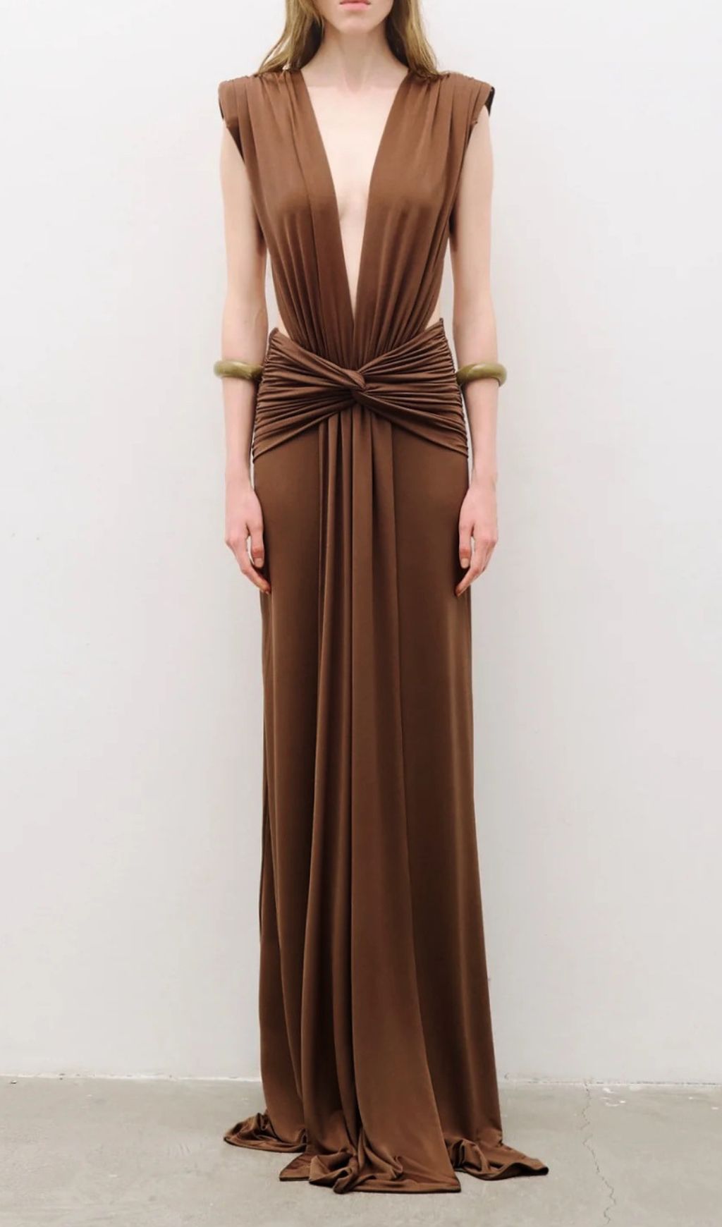 Joselyn Deep V-Neck Knotted Maxi Dress - Elegant Coffee Brown Gown