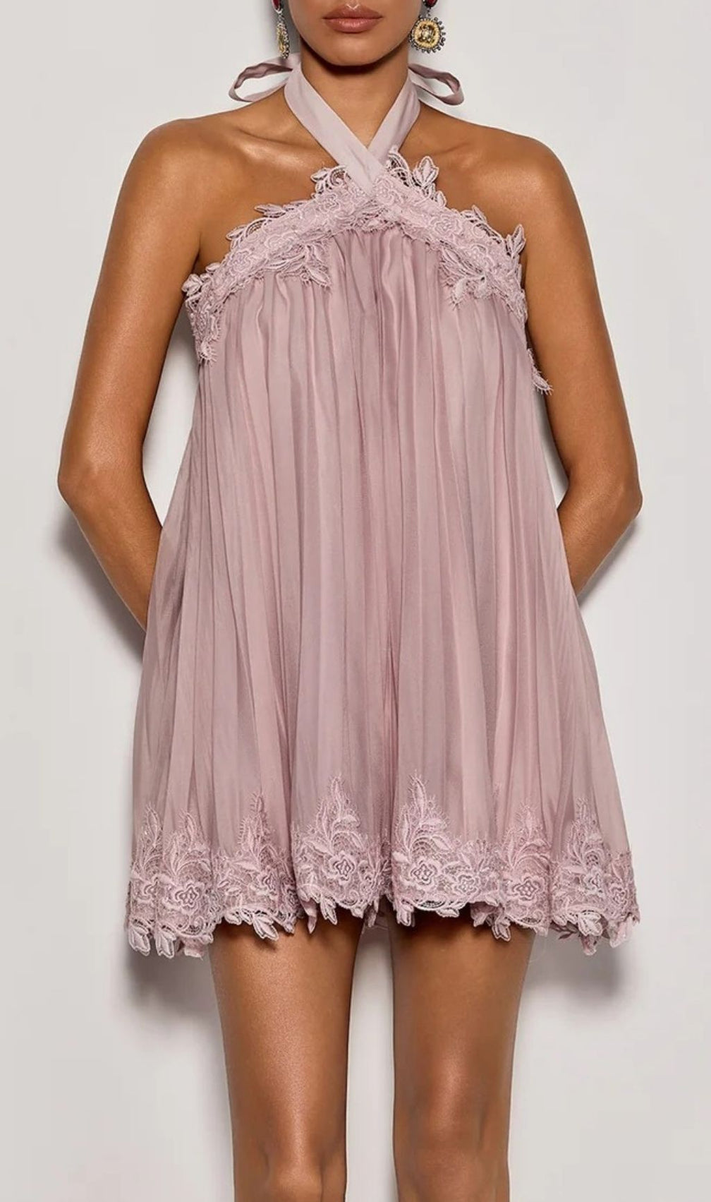 Falven Elegant Halterneck Lace Pleated Mini Dress | Chic Party & Cocktail Attire