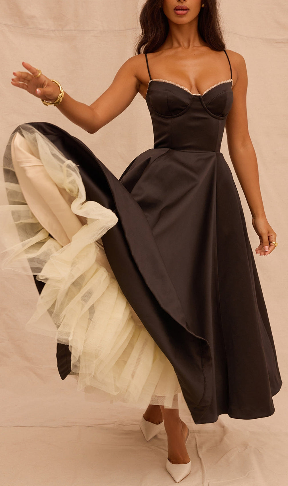 Alodia Black Mesh Hem Midi Dress