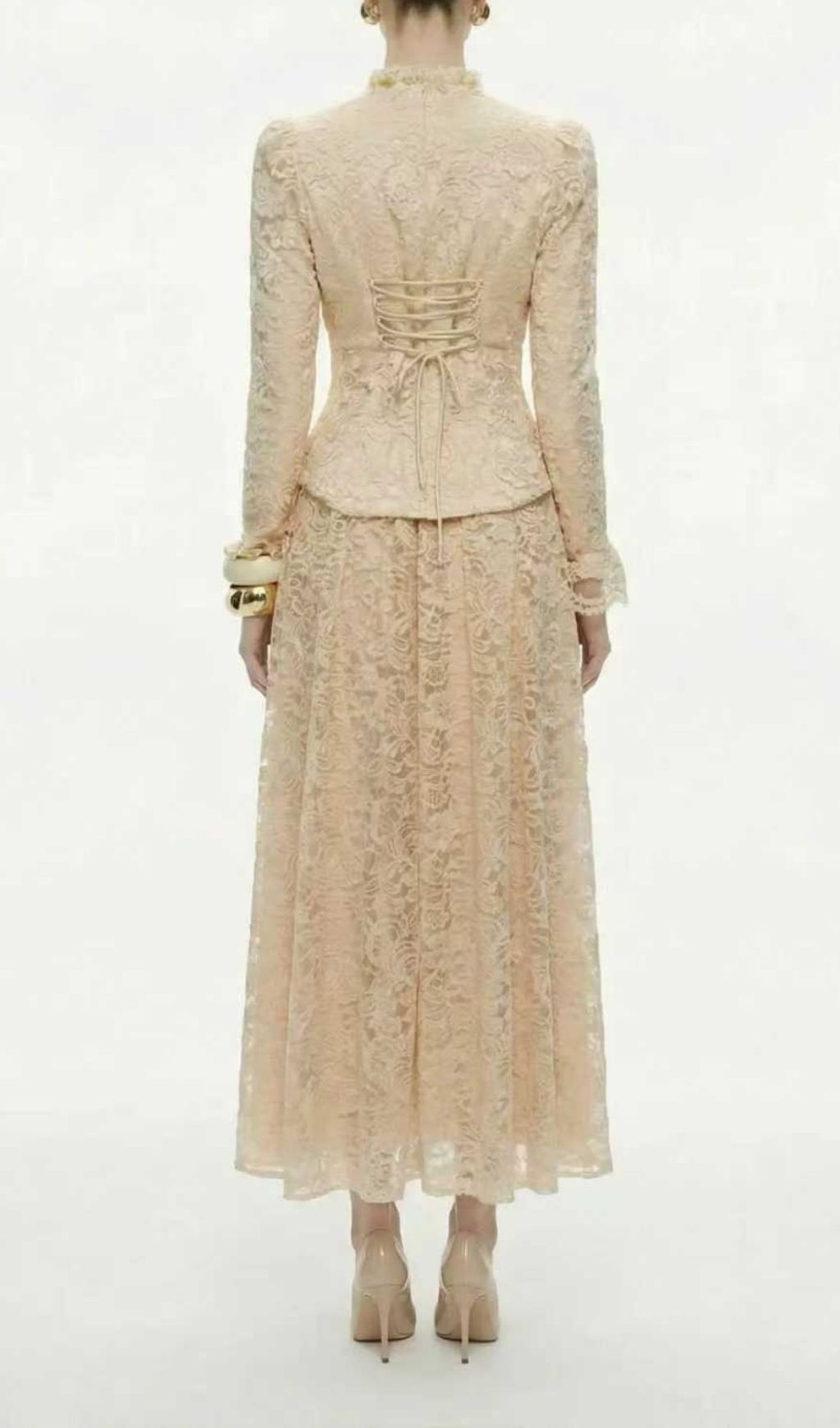 Kaylynn | Elegant Lace Long-Sleeve Peplum Top & Midi Skirt Set