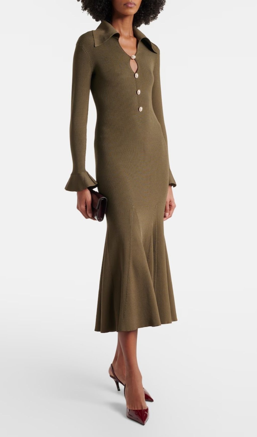 Effortless Chic Ribbed-Knit Midi Dress – Collared V-Neck & Flared Hem