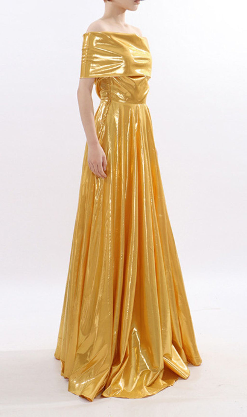 Kaliska Luminous Gold Off-Shoulder Maxi Gown - Red Carpet Glamour