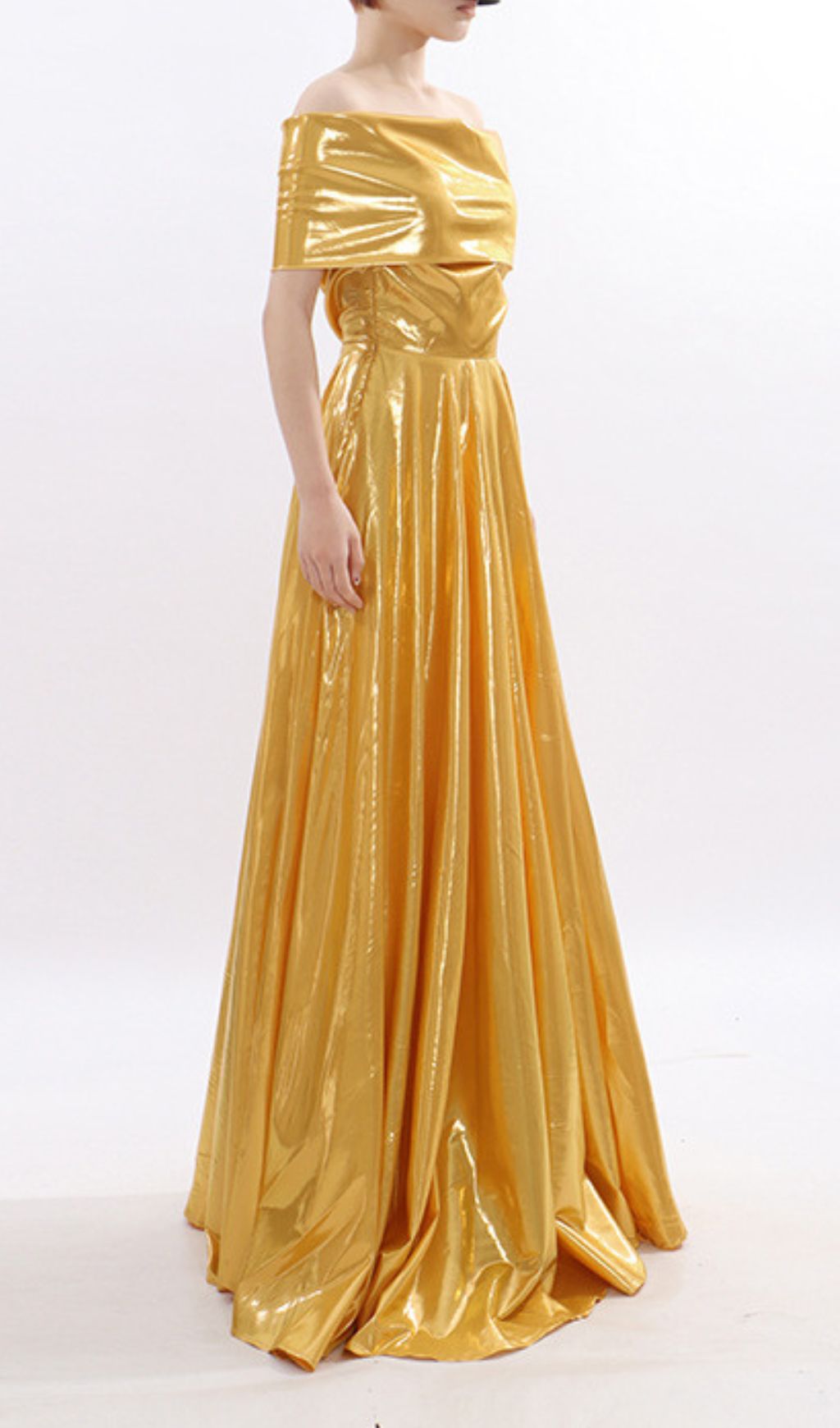 Kaliska Luminous Gold Off-Shoulder Maxi Gown - Red Carpet Glamour
